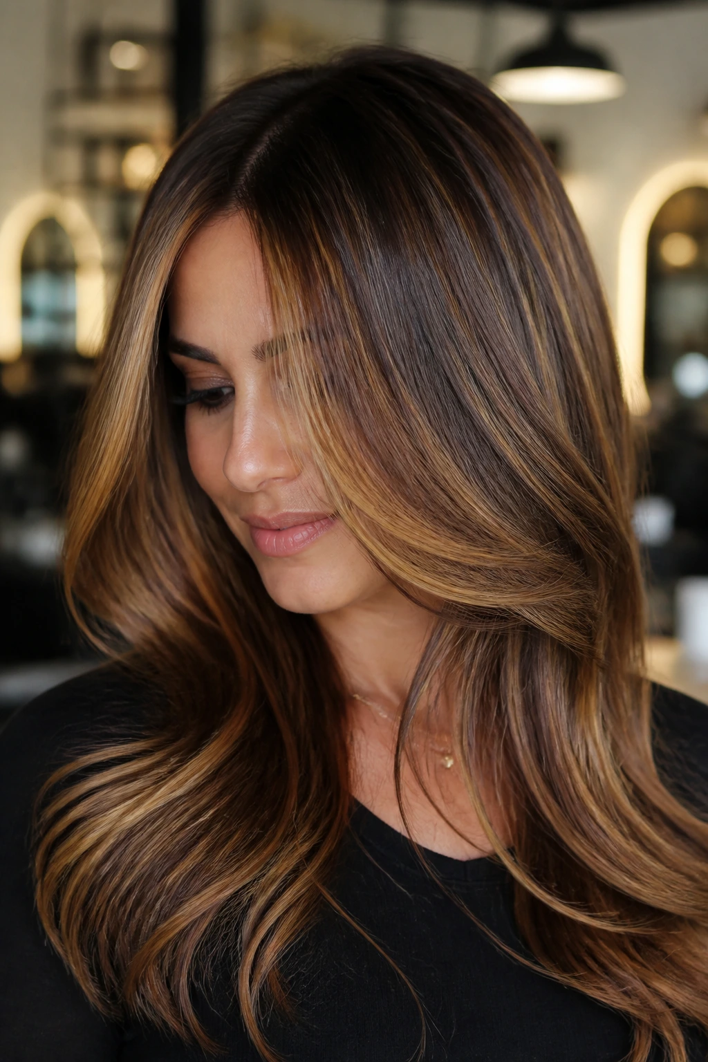 Close-up of a real woman with dimensional caramel highlights and polished blowout