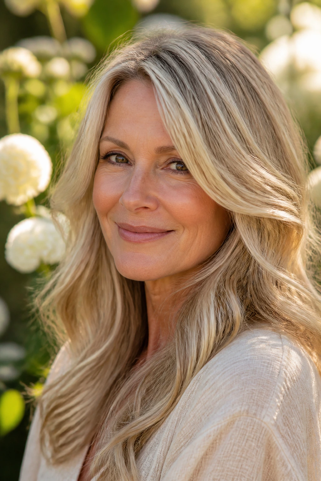 Close-up of a real woman with dimensional champagne blonde featuring pale tones and lowlights
