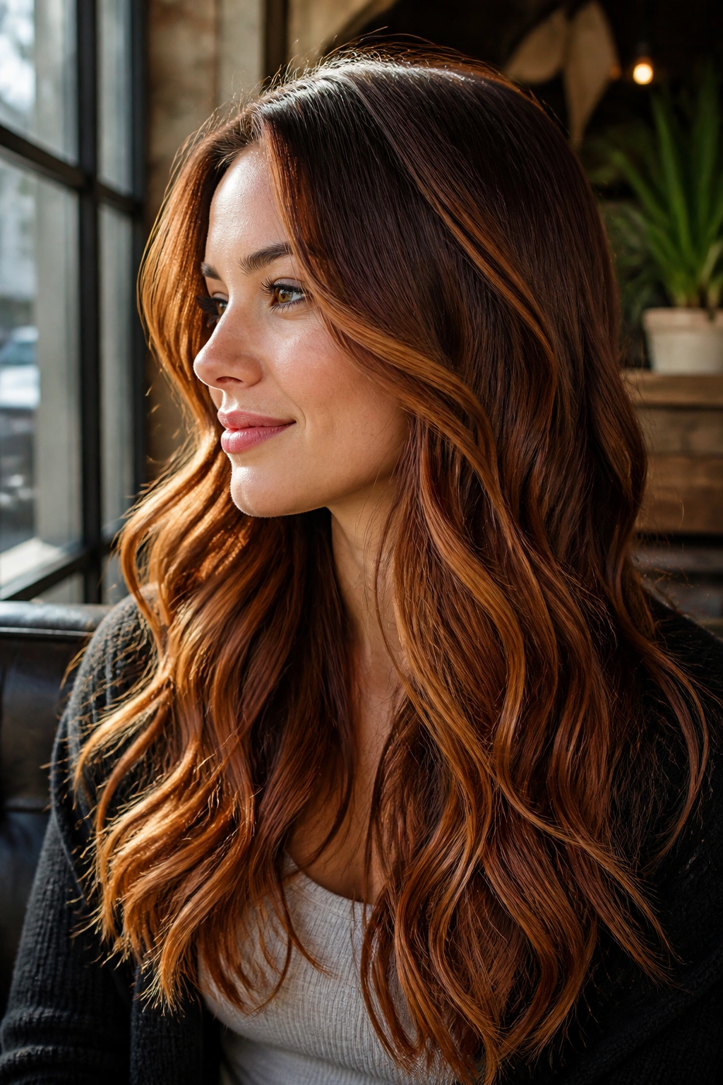 Close-up of a real woman with dimensional copper balayage and face-framing highlights in sunlight