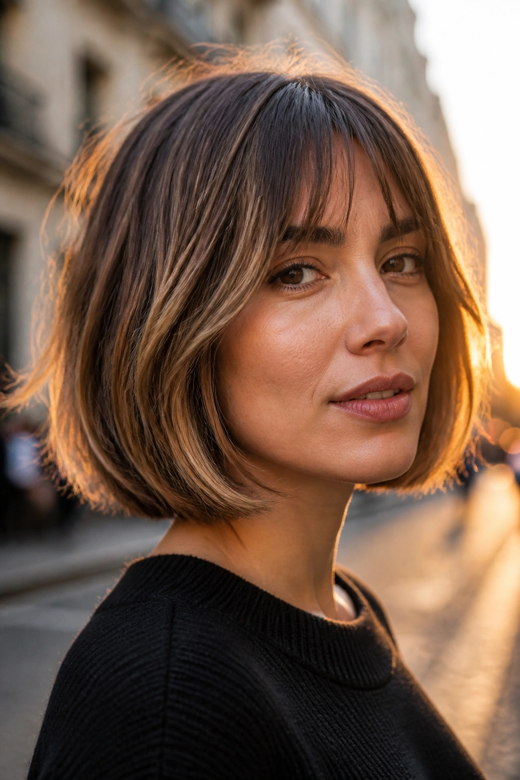 Close-up portrait of a real woman with dimensional French bob and subtle highlights