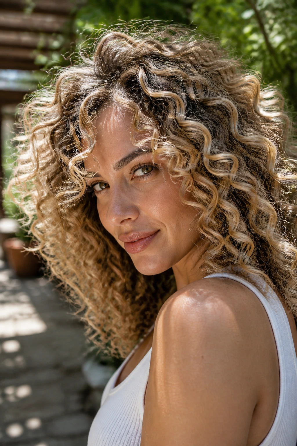 Close-up of a real woman with frosted curls