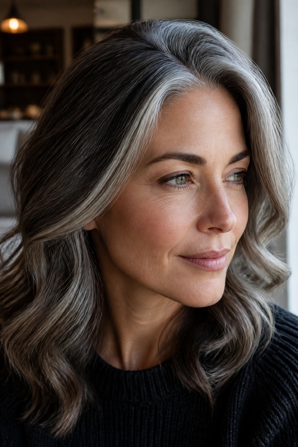 Close-up of a real person with dimensional grey blending and silver streaks in hair