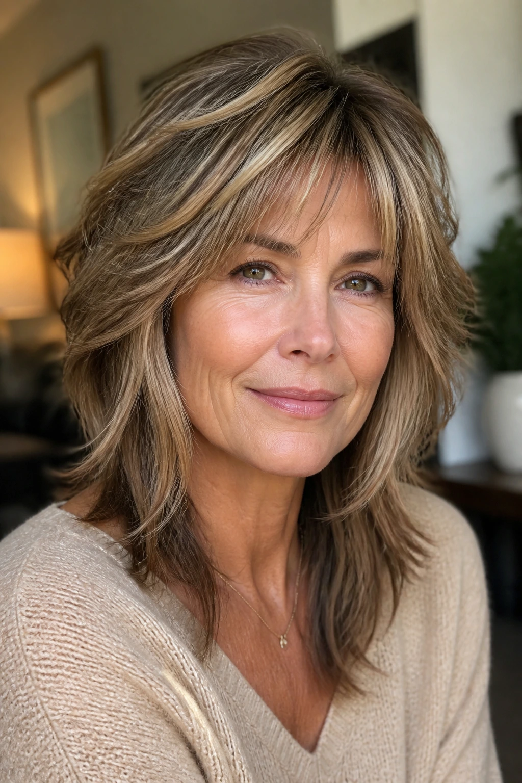 Close-up portrait of a real woman with dimensional highlighted shag and face-framing highlights