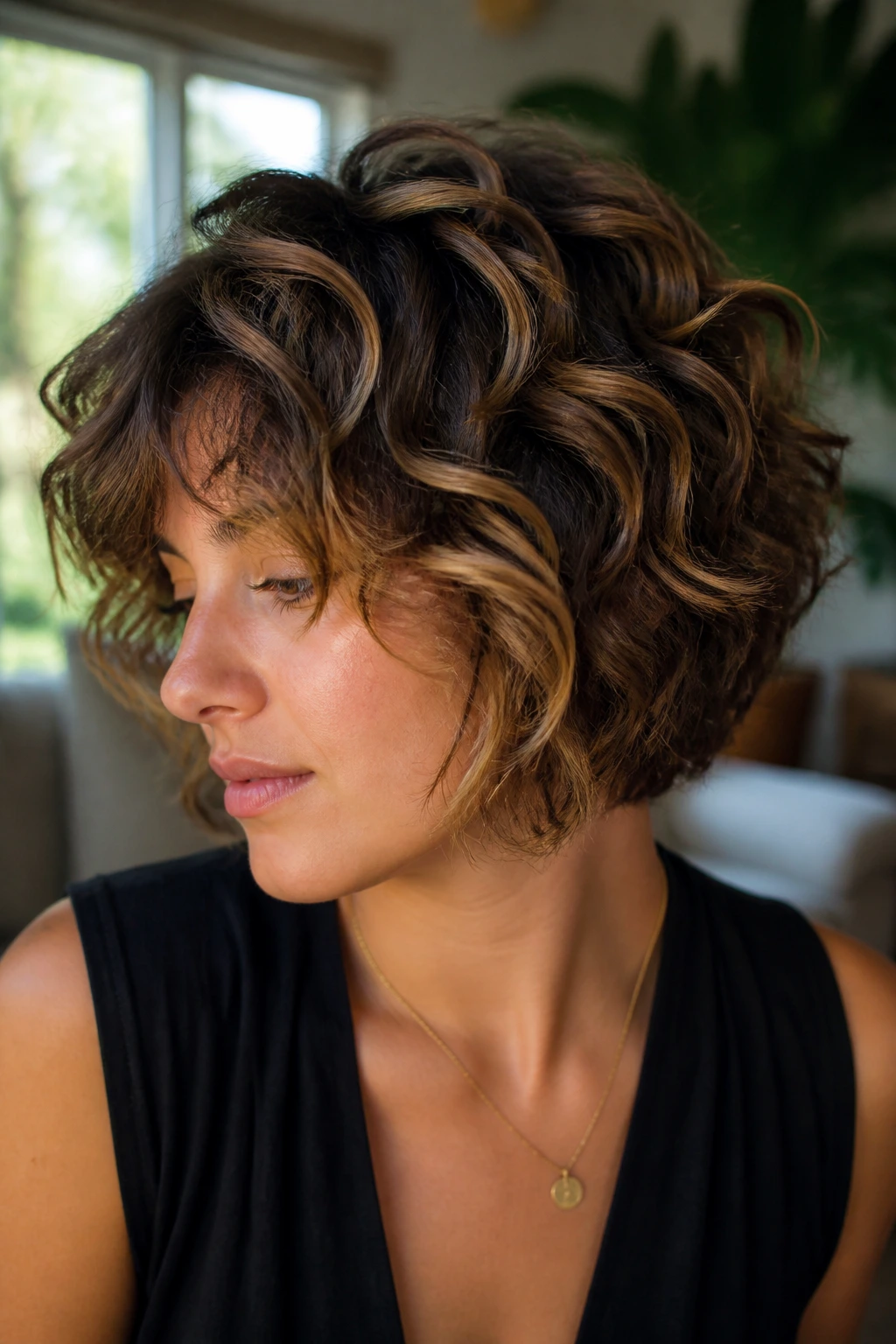 Close-up portrait of a person with dimensional highlights on a curly shag