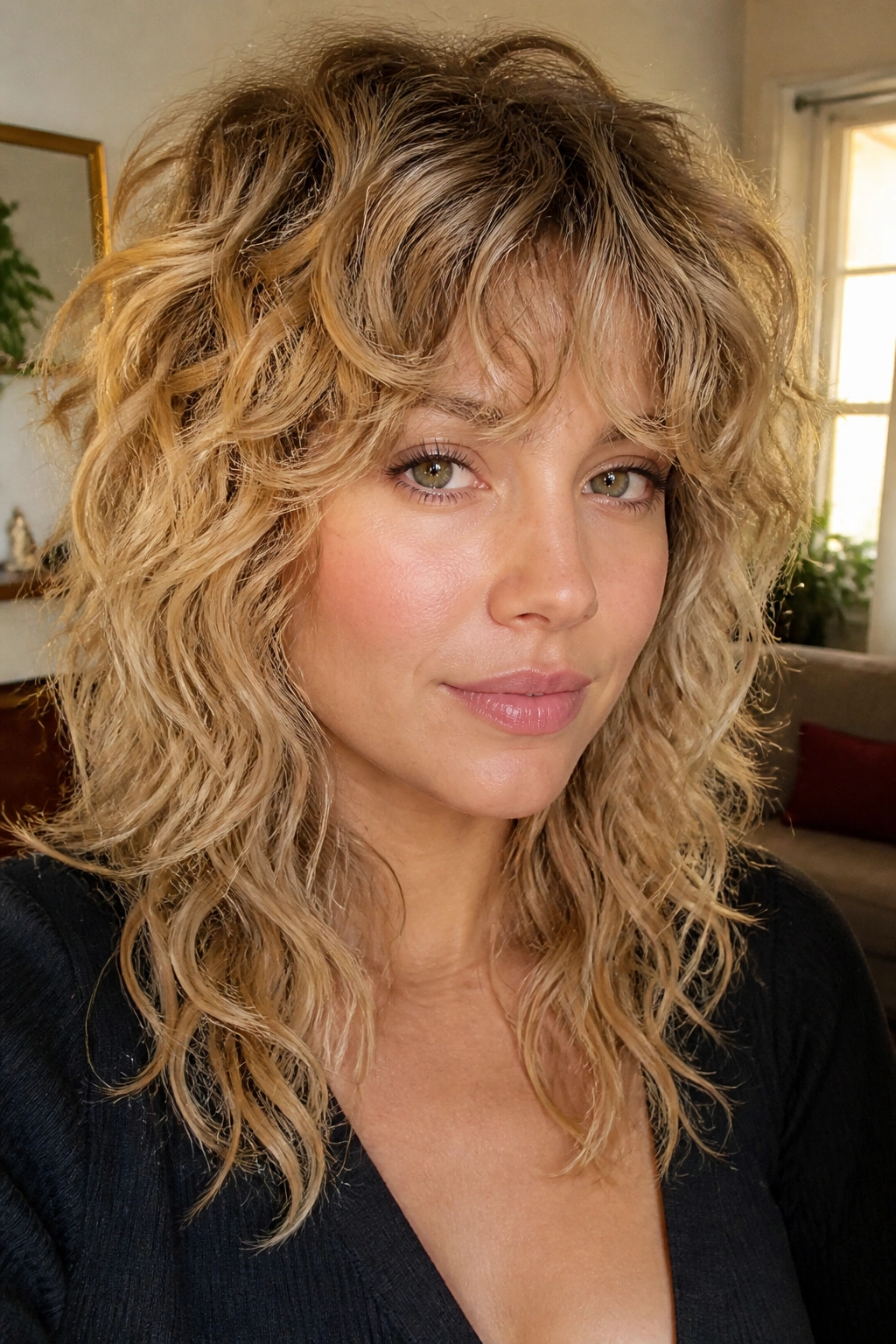 Close-up portrait of a real person with dimensional honey blonde wolf cut and curly bangs.
