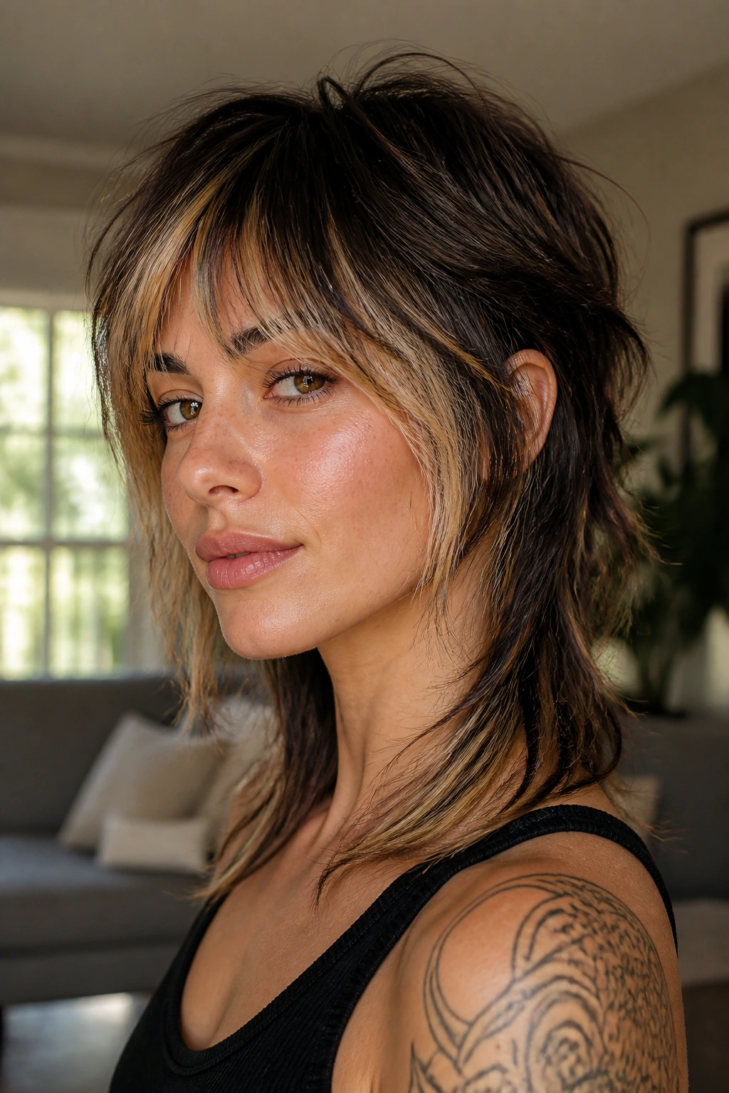 Close-up portrait of a real woman with a dimensional mullet and color-break highlights.