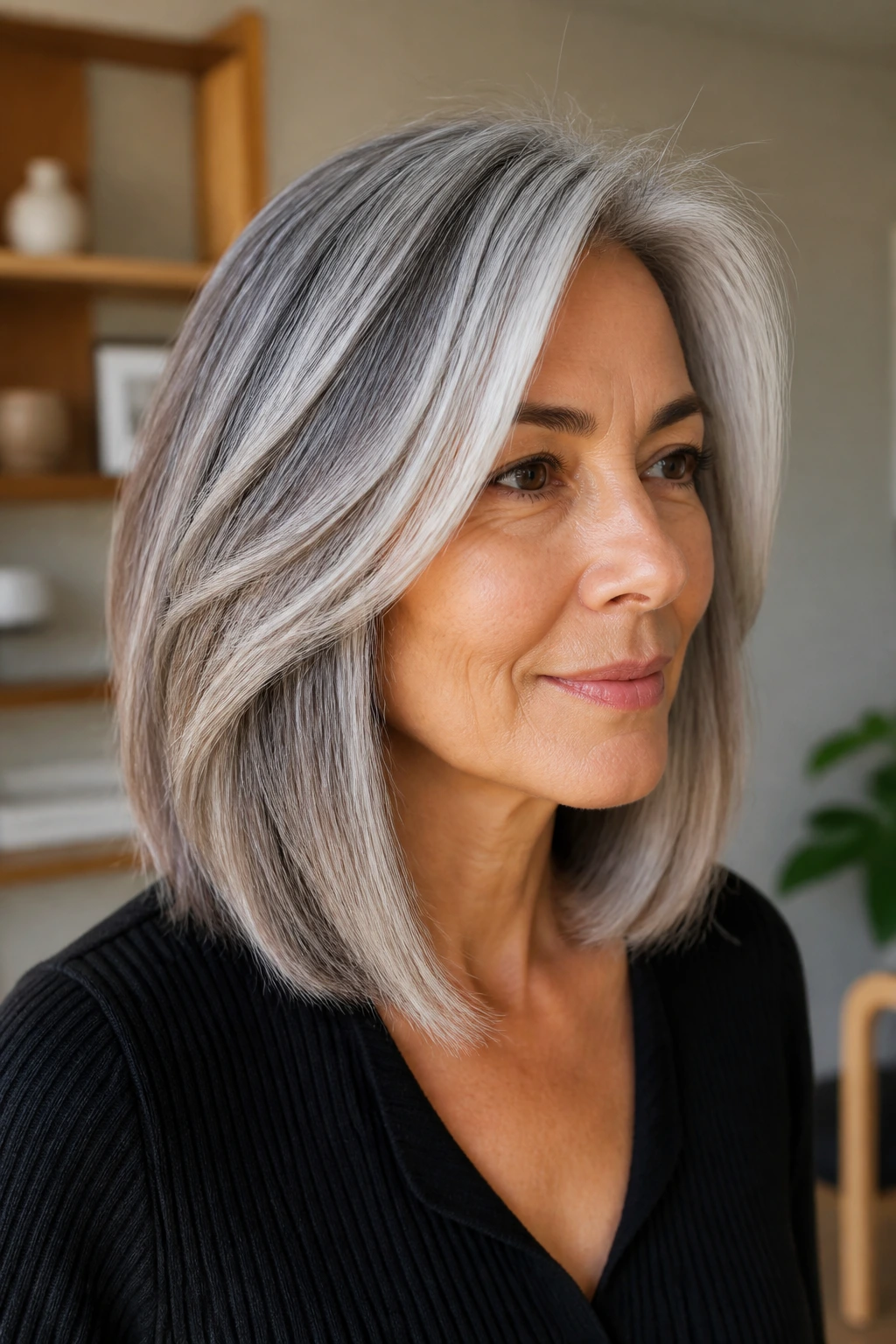 Portrait of a woman with dimensional silver balayage lob in gray hair