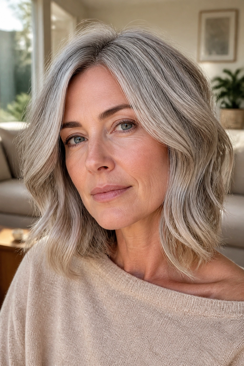 Close-up of a real woman with dimensional silver hair and beige undertones