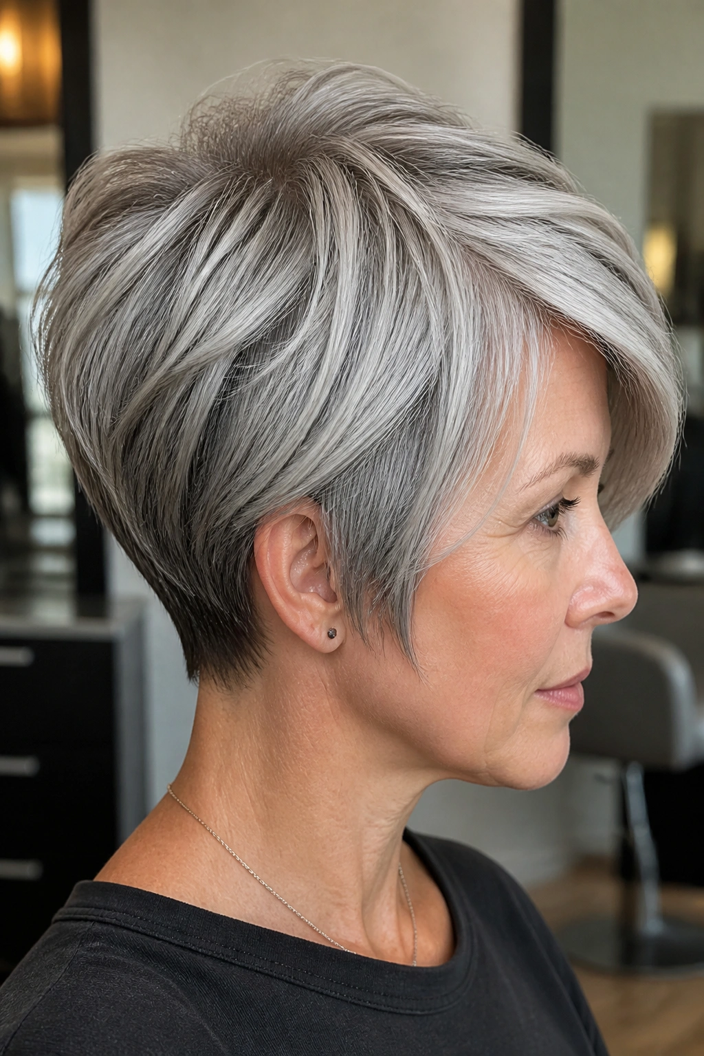 Portrait of a real person with dimensional silver hair and cool low-lights in a cropped bob.