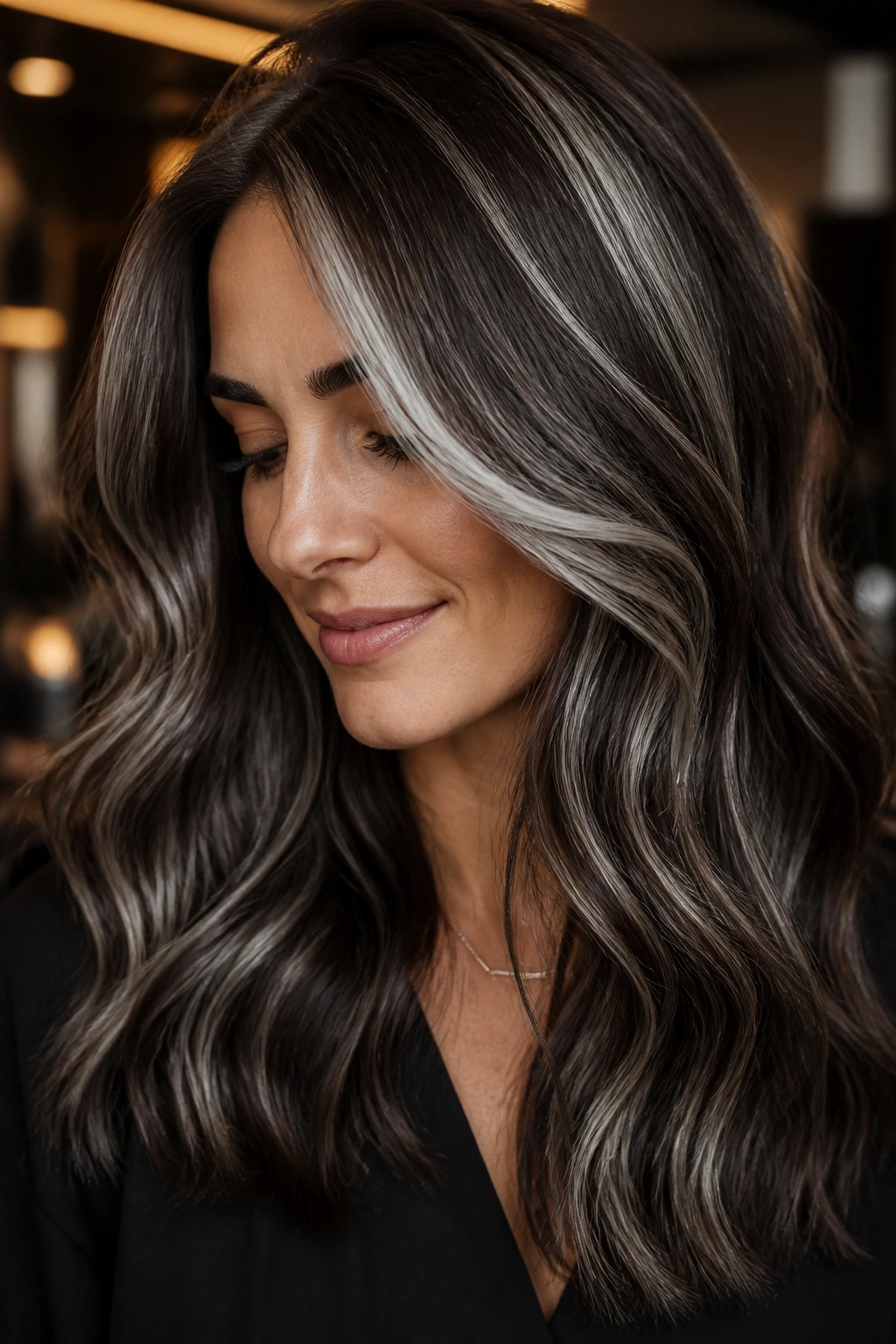 Real person with dimensional silver highlights and chocolate lowlights