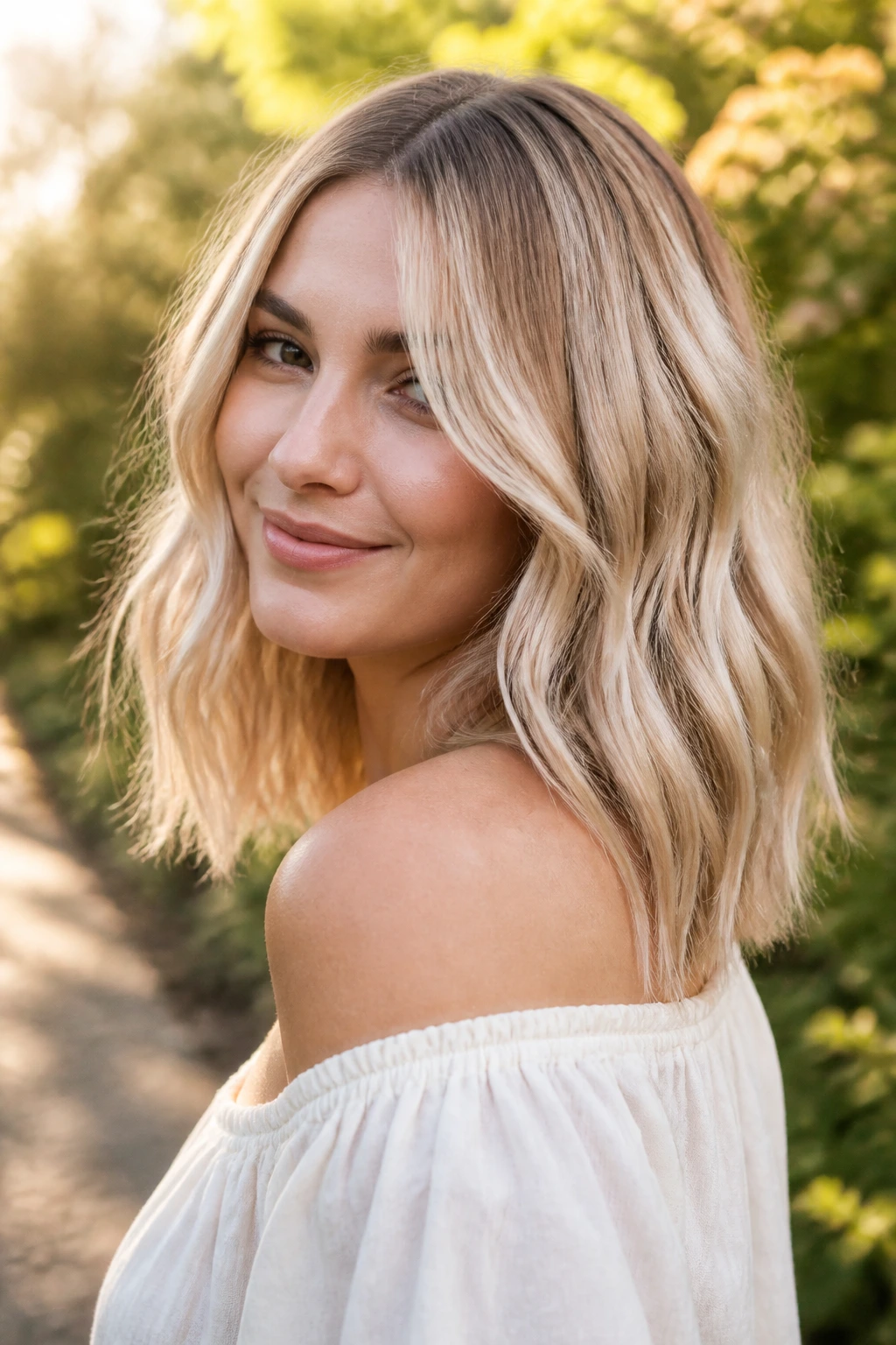 Close-up portrait of a real woman with dimensional taffy blonde hair showing blended tones