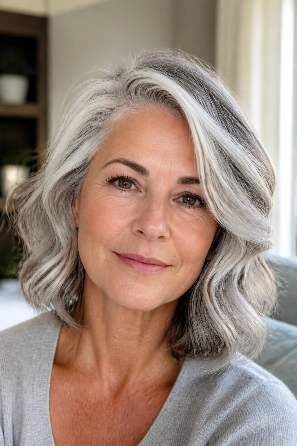 Close-up of a real woman with dimensional white and ash hair blend