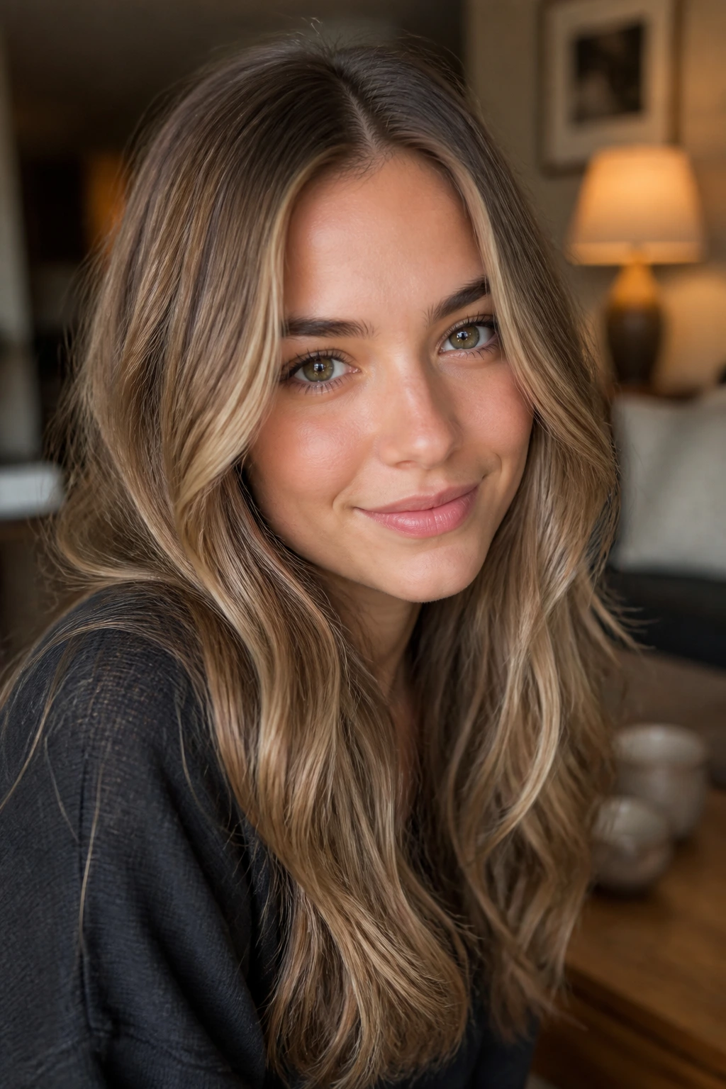 Close-up portrait of dirty blonde hair with ash-brown and dark blonde tones