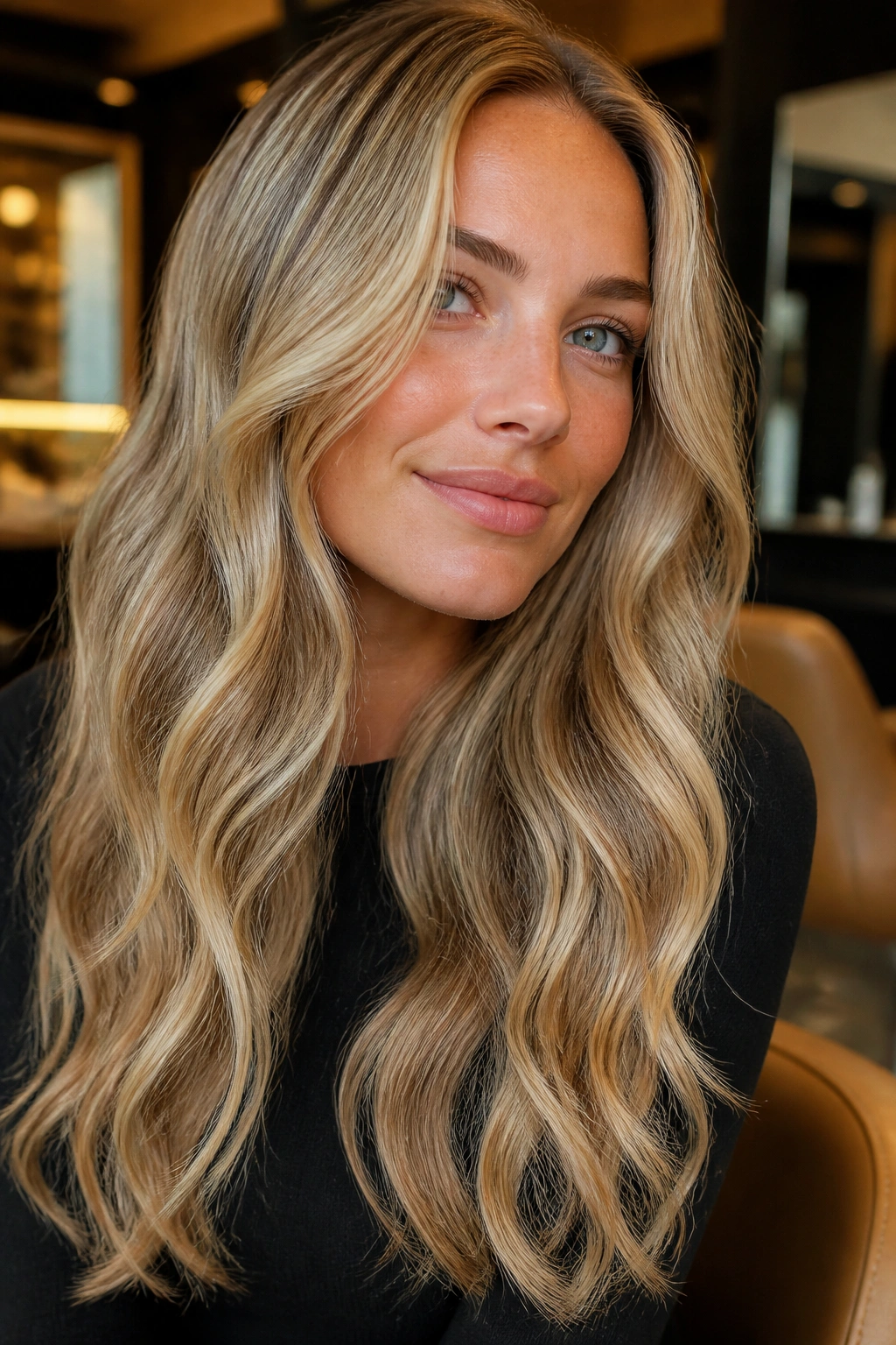 Close-up of long hair with dirty blonde buttercream wheat highlights on a real person