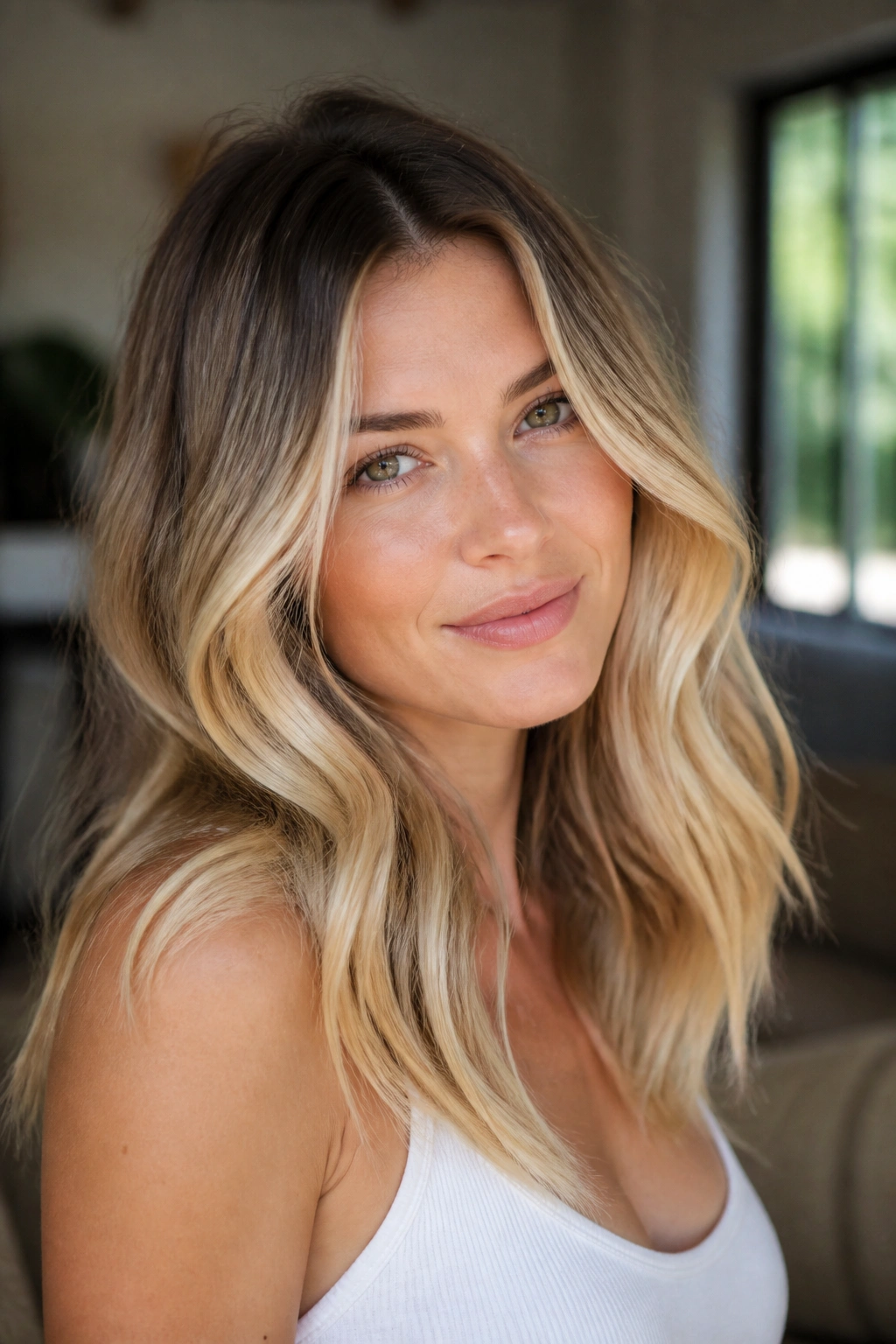 Close-up portrait of a woman with dirty blonde hair, dark root and bright ends, soft natural light