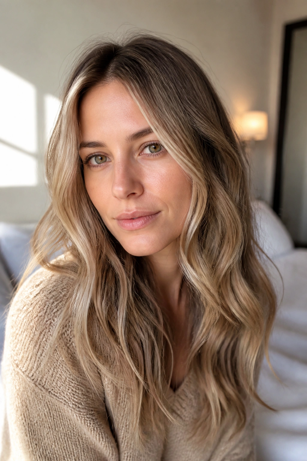 Close-up of a real woman with airy low-maintenance dirty blonde hair and soft beige highlights.