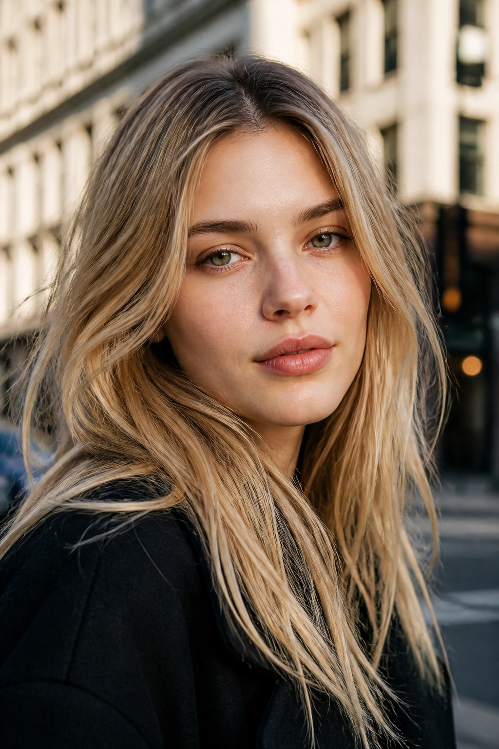 Close-up portrait of a real person with dirty blonde hair and darker roots