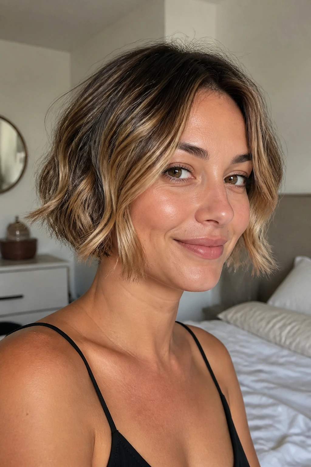 Close-up of a real person with dirty blonde highlights on darker base