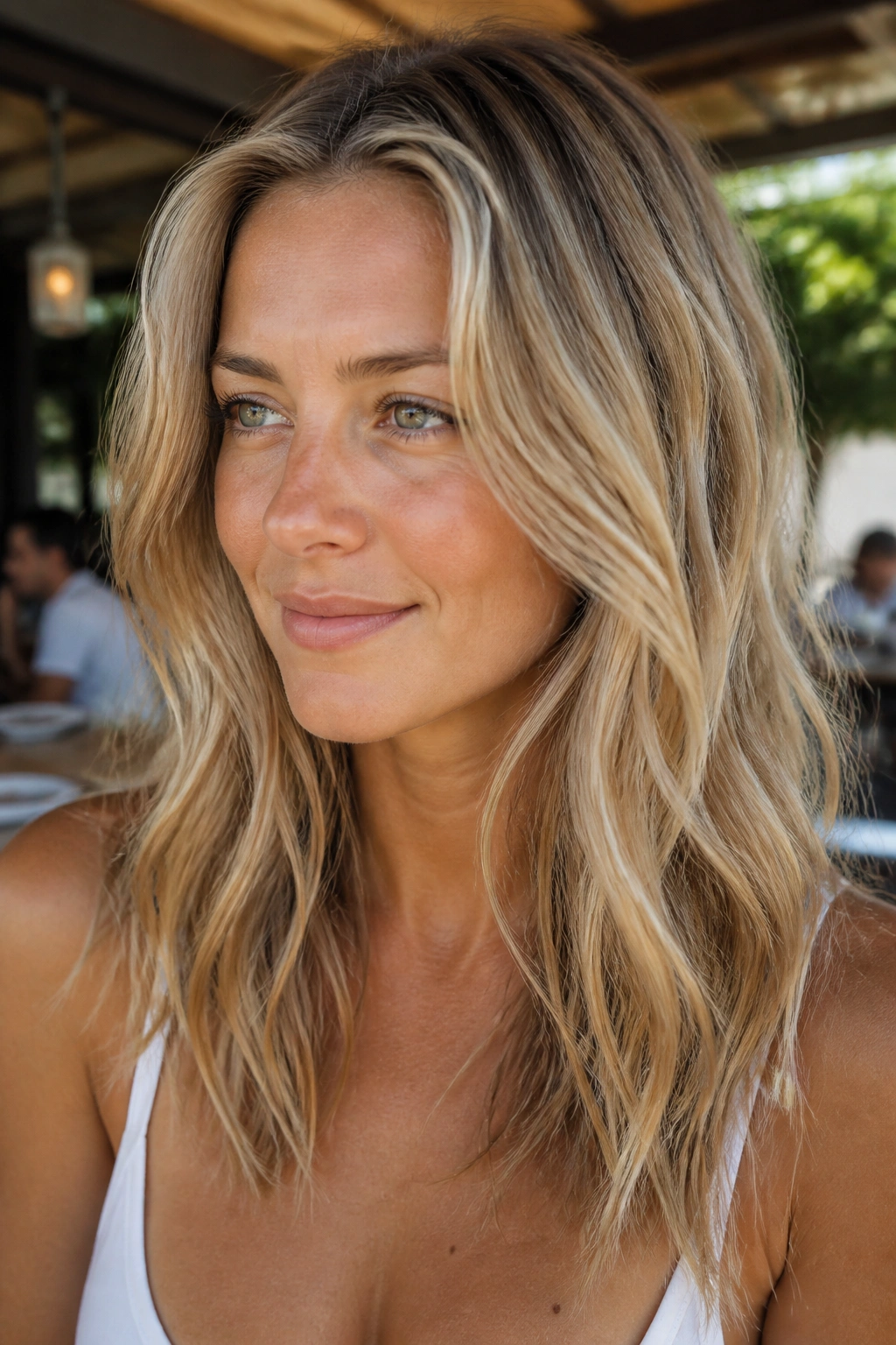 Close-up of a woman with dirty blonde hair and subtle lowlights in warm outdoor light