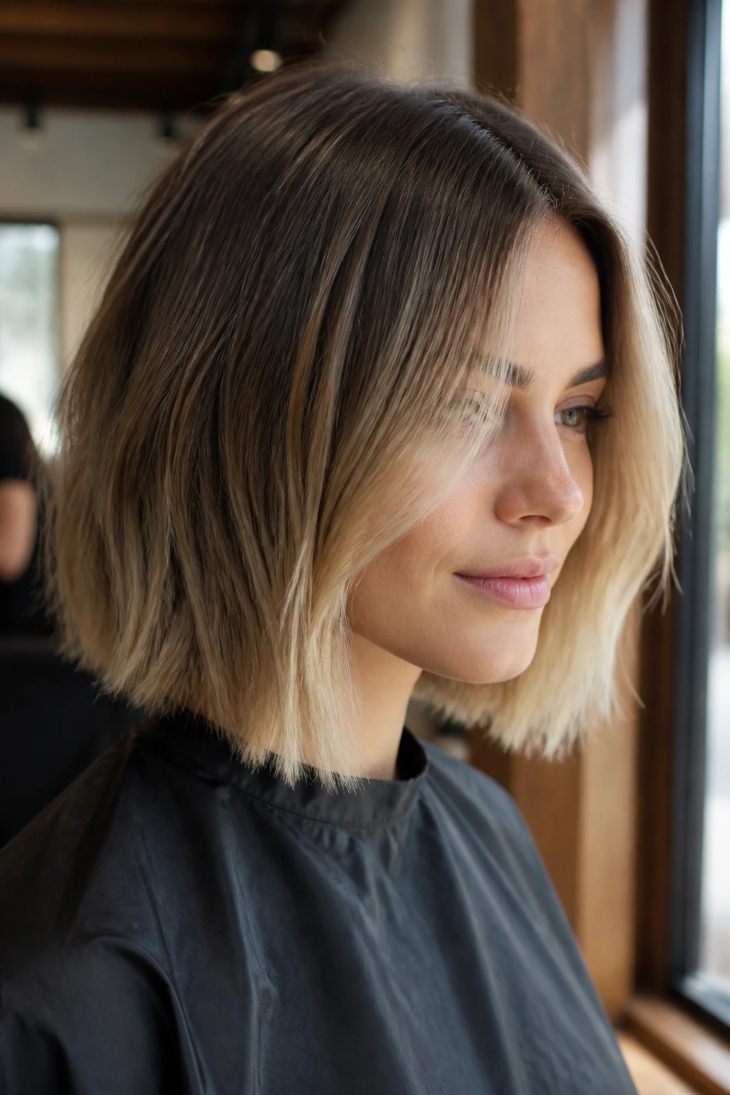Close-up of real woman with dirty blonde root melt hairstyle in salon light