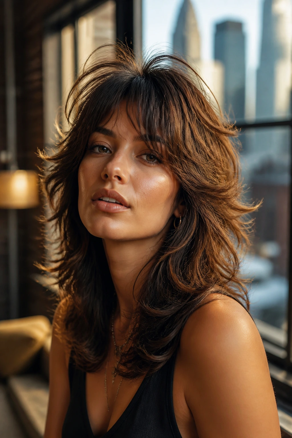 Close up of a real woman with a high volume disco shag crown and flipped ends