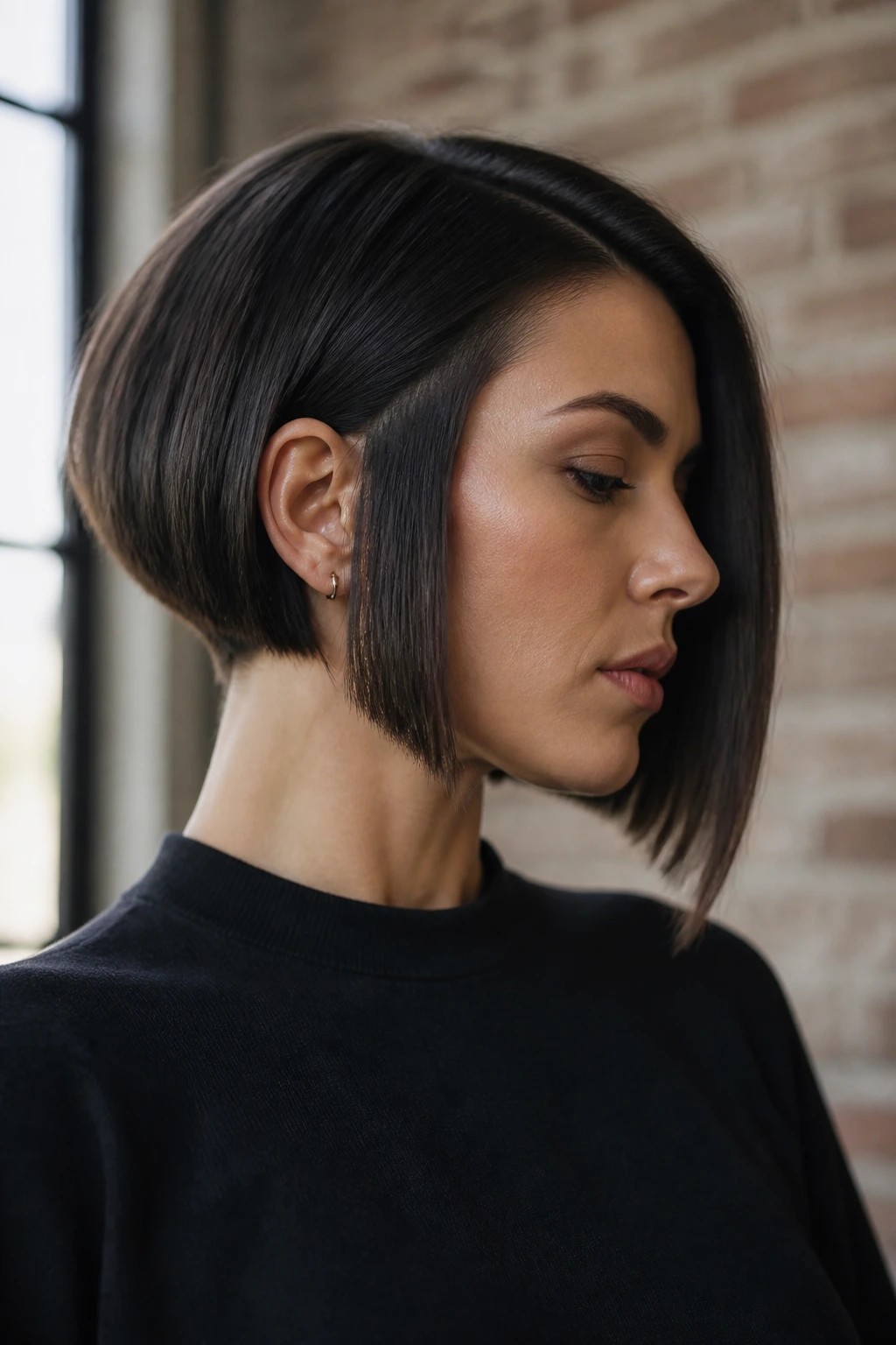 Portrait of a real person sporting a disconnected bob with a sharp front and shorter back.
