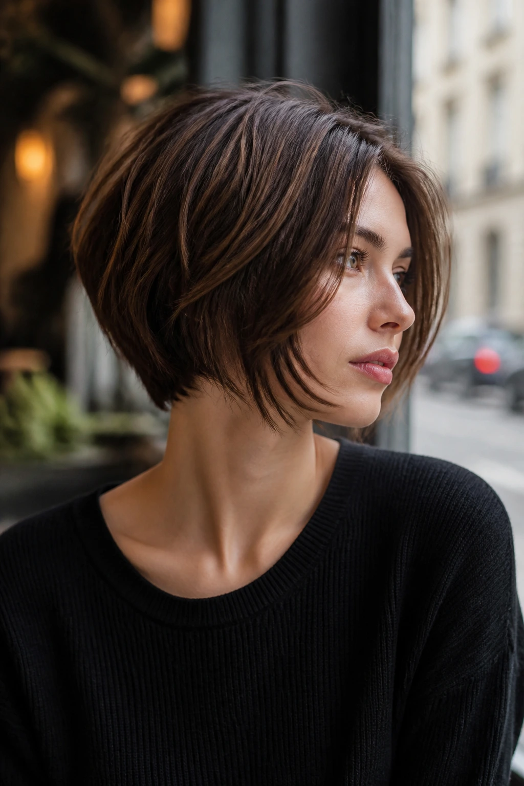 Close-up portrait of a real woman with a disconnected bob showing longer top and shorter underneath in warm ambient light.