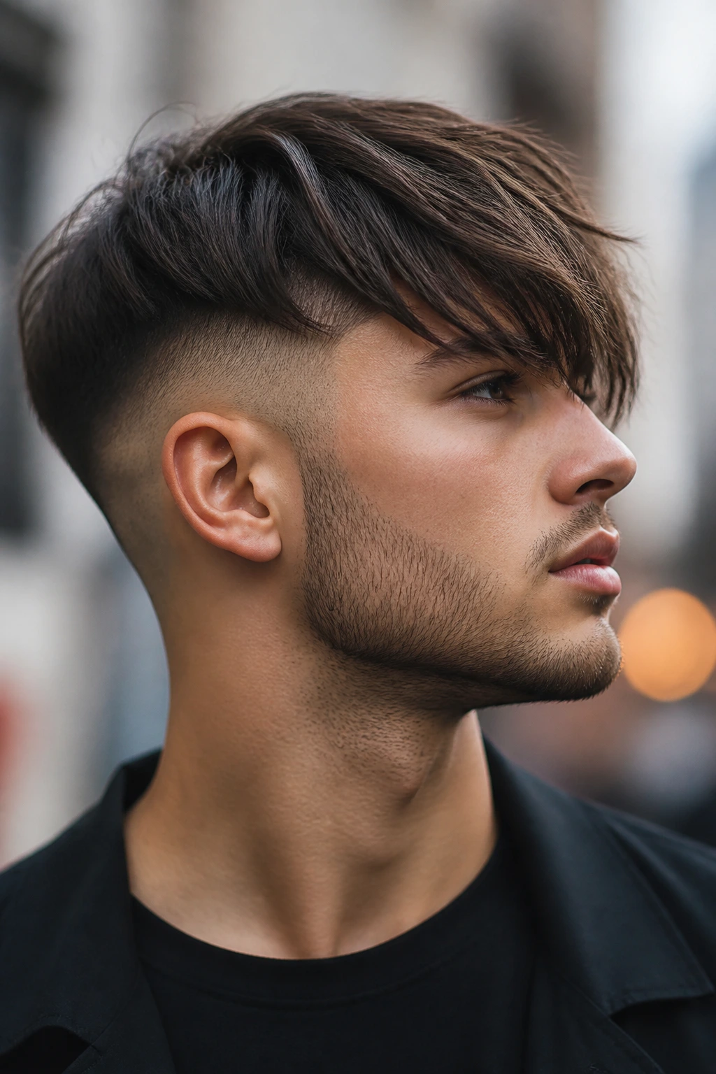 Close-up profile of a real person with a disconnected crop and long fringe in urban light