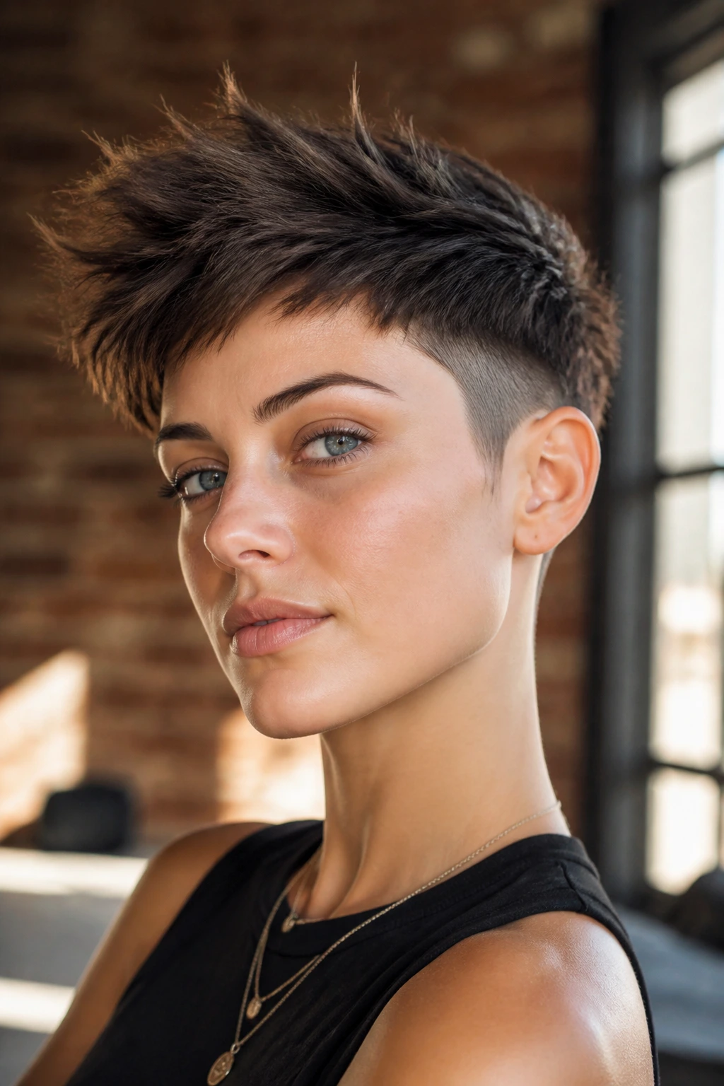 Portrait of a real woman with a crisp disconnected crop and tapered sides in an urban loft.
