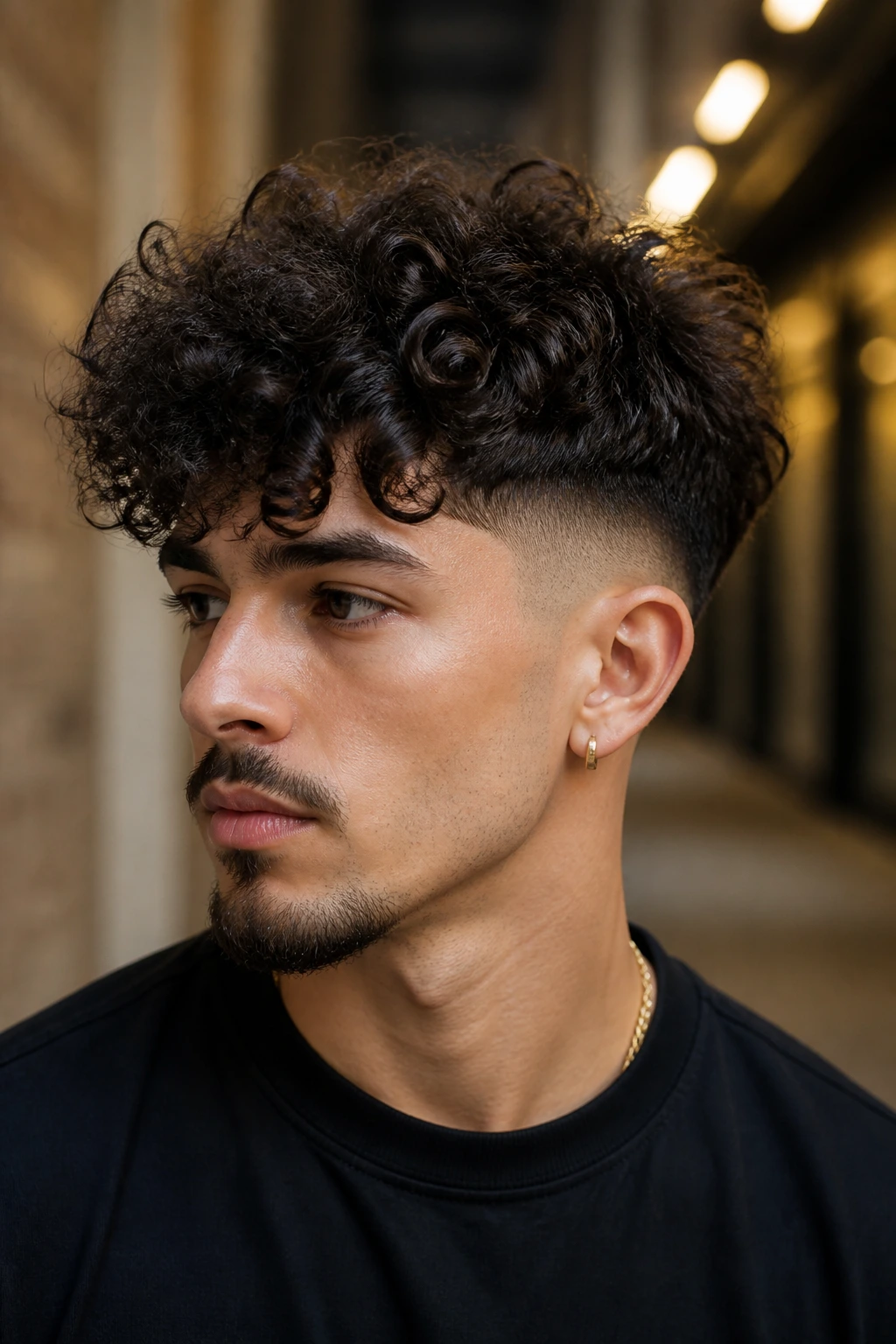 Portrait of a man showing a clear disconnect between long curly top and short sides.