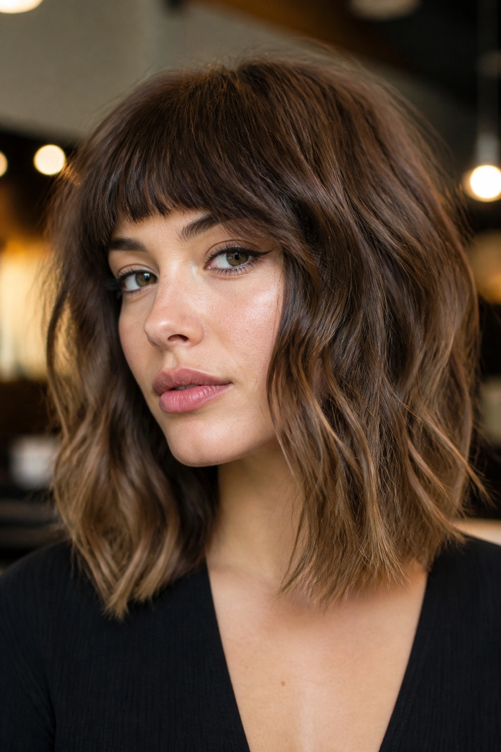 Close-up of real person with disconnected fringe lob hairstyle.