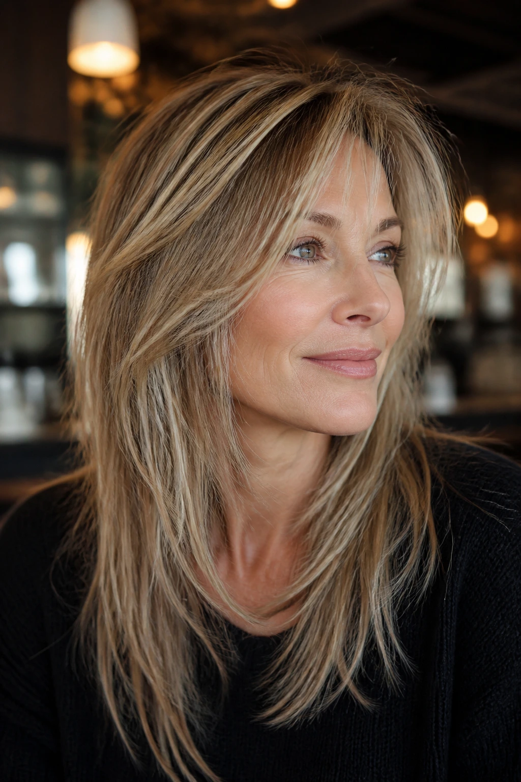 Real woman with disconnected layers for fine hair portrait in cafe light