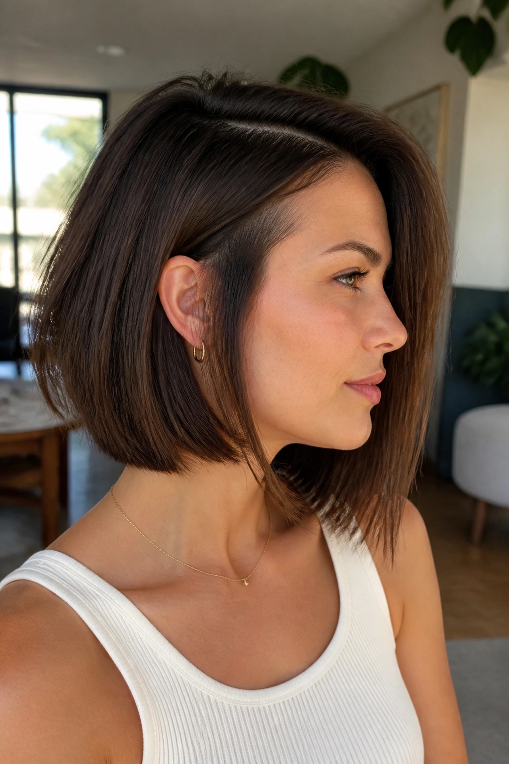 Real woman with disconnected lob showing hidden interior weight removal behind ears.