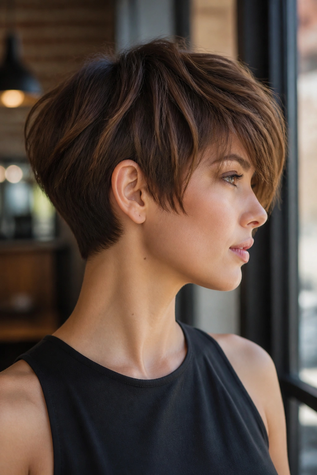 Close-up portrait of a woman with a disconnected pixie bob showing top length and short nape