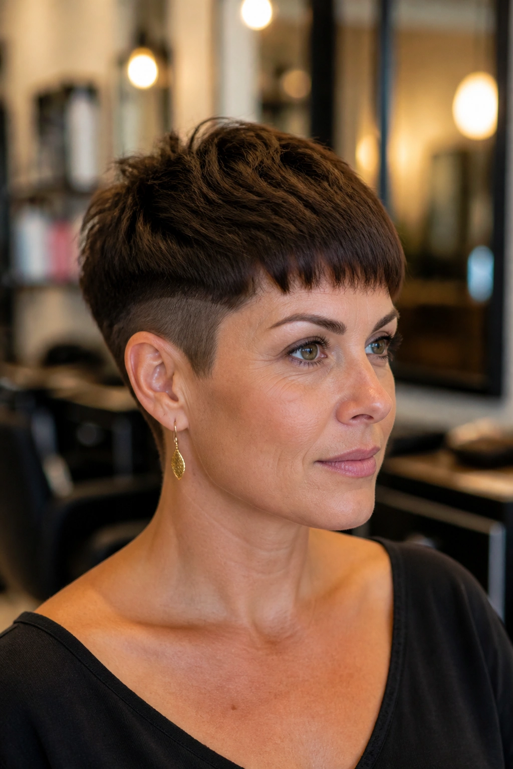 Close-up portrait of a real woman with a disconnected pixie showing a bold top-to-sides step.