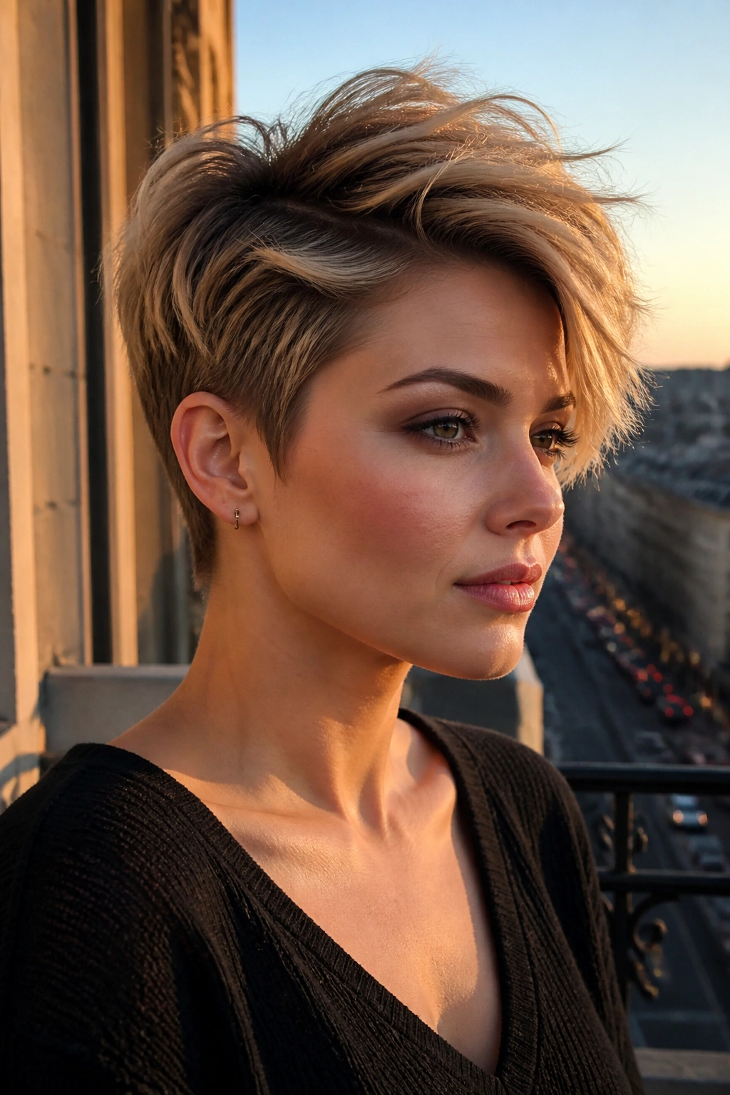 Close-up portrait of a real woman with a disconnected long pixie and heavy top.