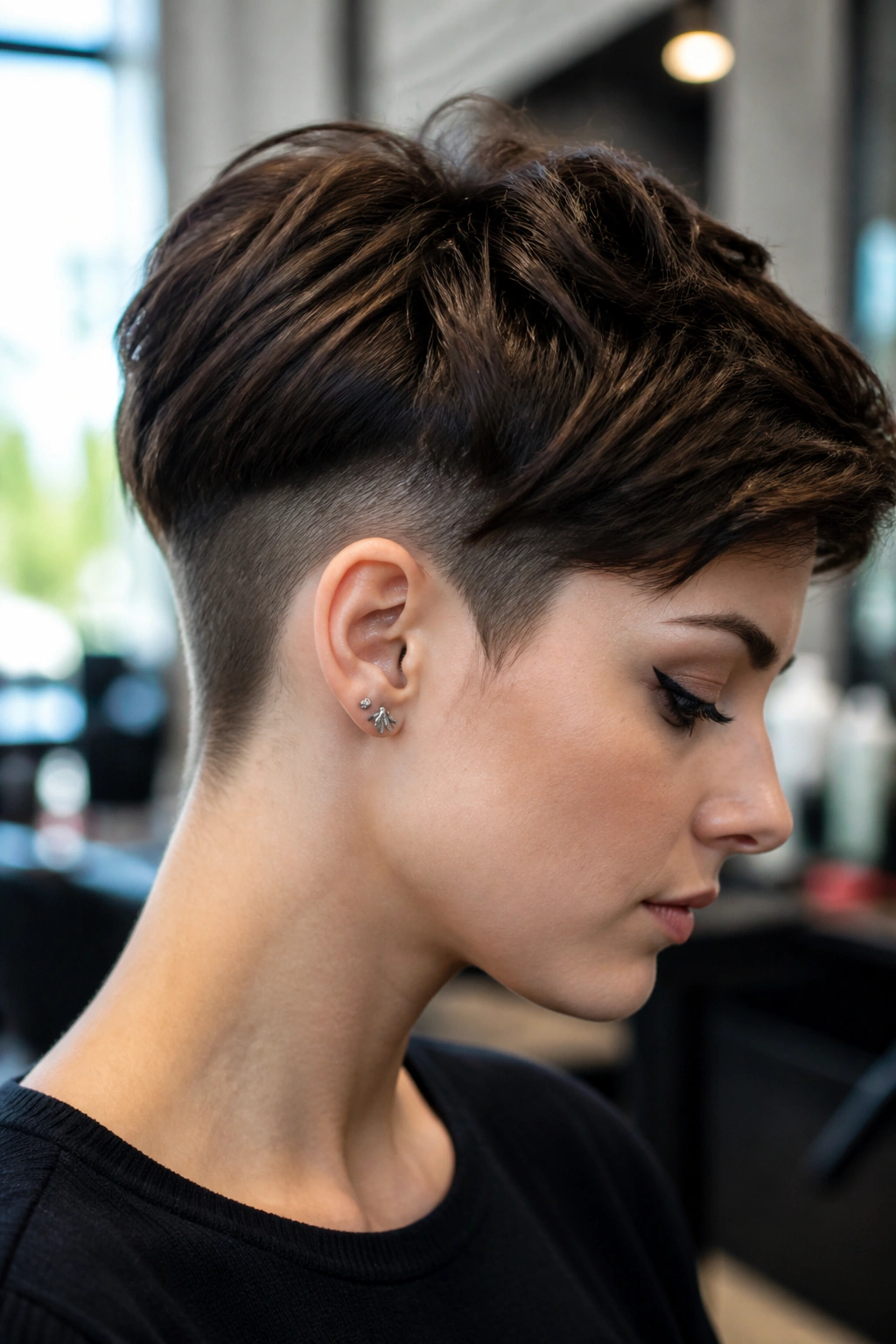 Close-up portrait of a real person with a disconnected pixie and hidden undercut