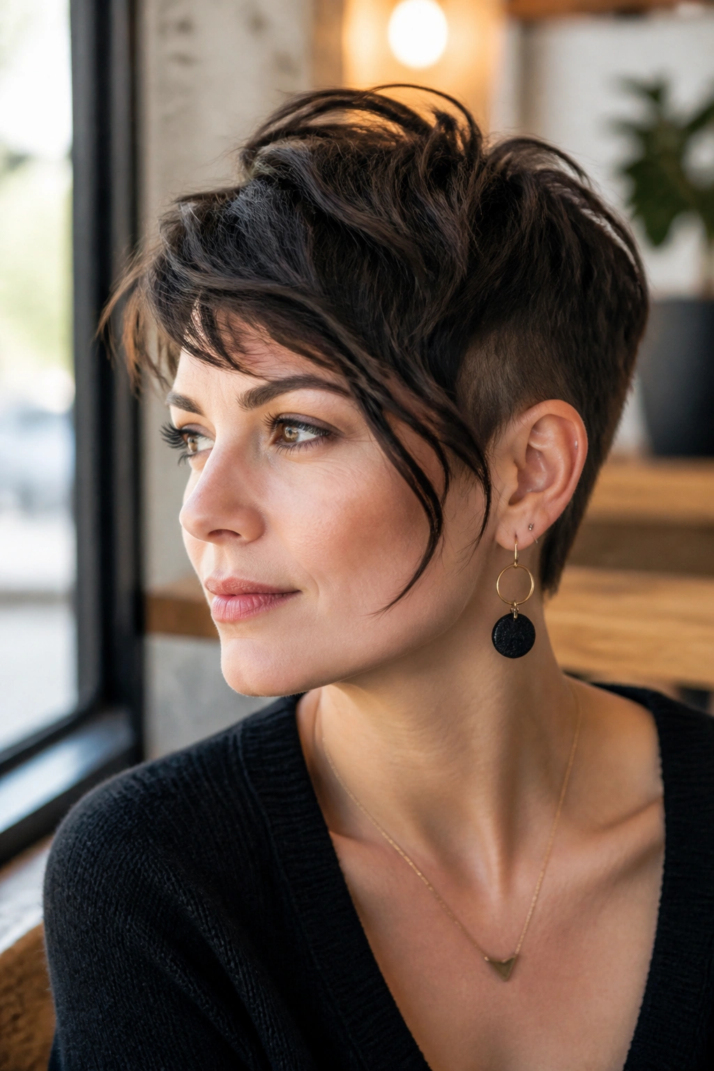 Close-up portrait of a real woman with a disconnected pixie and soft pieces.