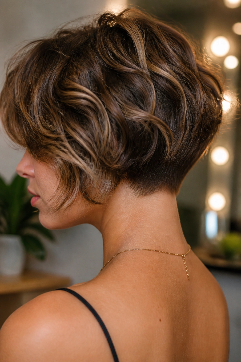 Portrait of a real woman with a disconnected shag bob and tapered nape, highlighting top layers and neck