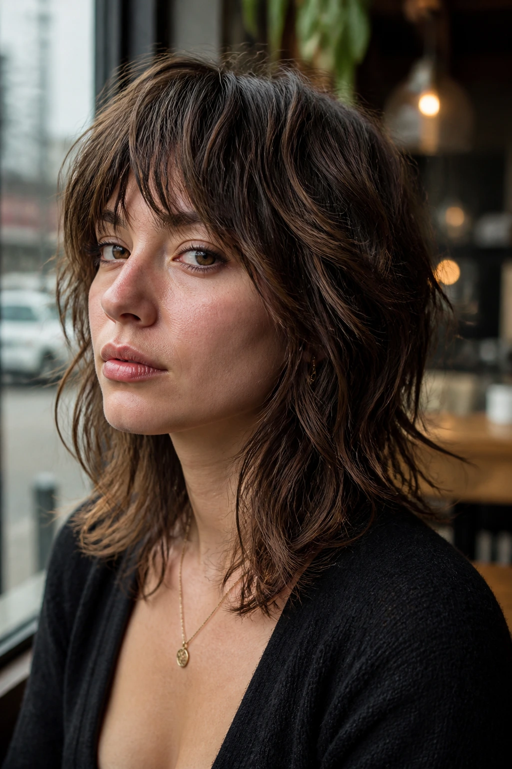Close-up portrait of a real person with a disconnected shag and distinct layered texture in a cafe setting