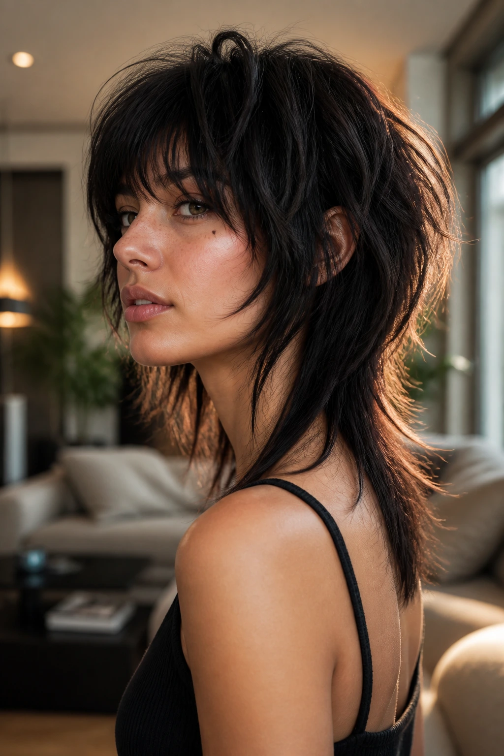 Three-quarter portrait of a real person with a disconnected shag showing contrasting top and bottom layers.