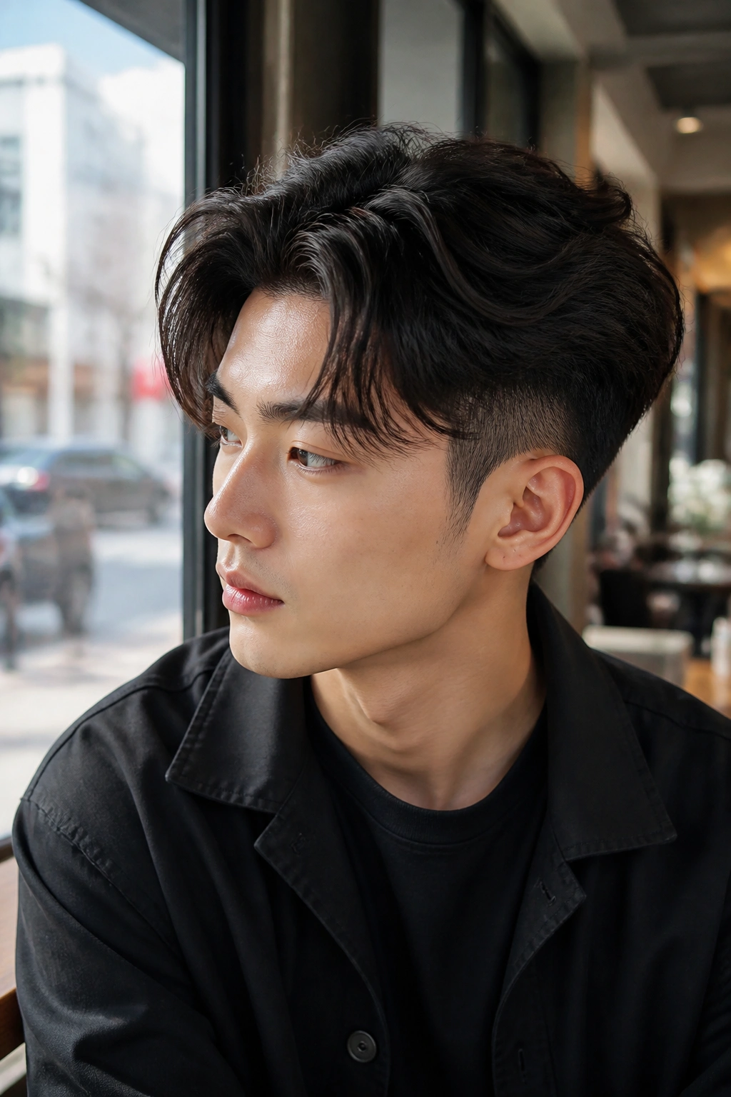 Close-up of a real man with a Disconnected Undercut hairstyle in an urban cafe setting