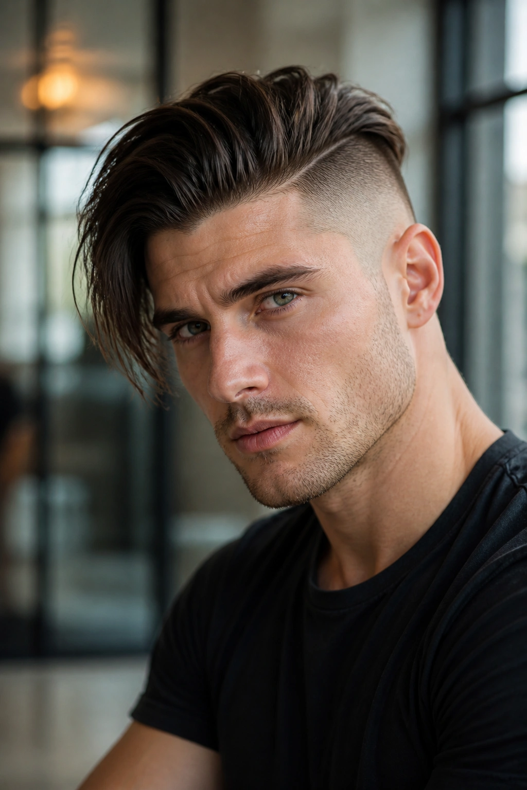 Head-and-shoulders portrait of a man with a long top disconnected undercut