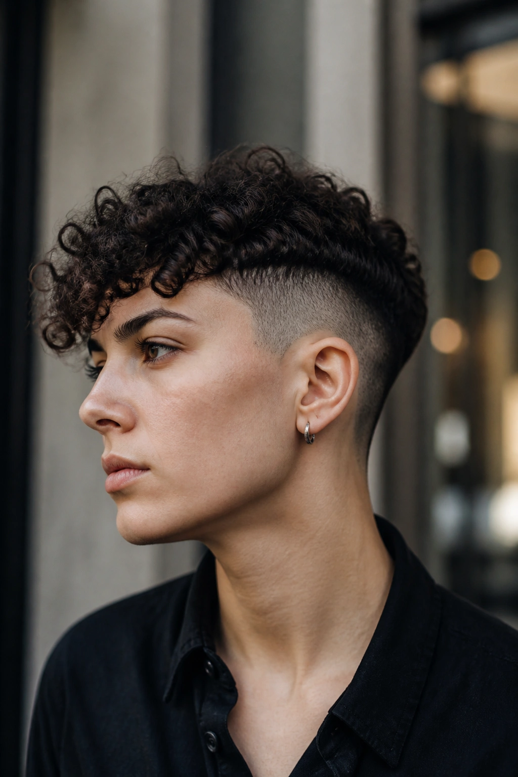 Close-up of a real person with a disconnected undercut and natural curls against a city backdrop