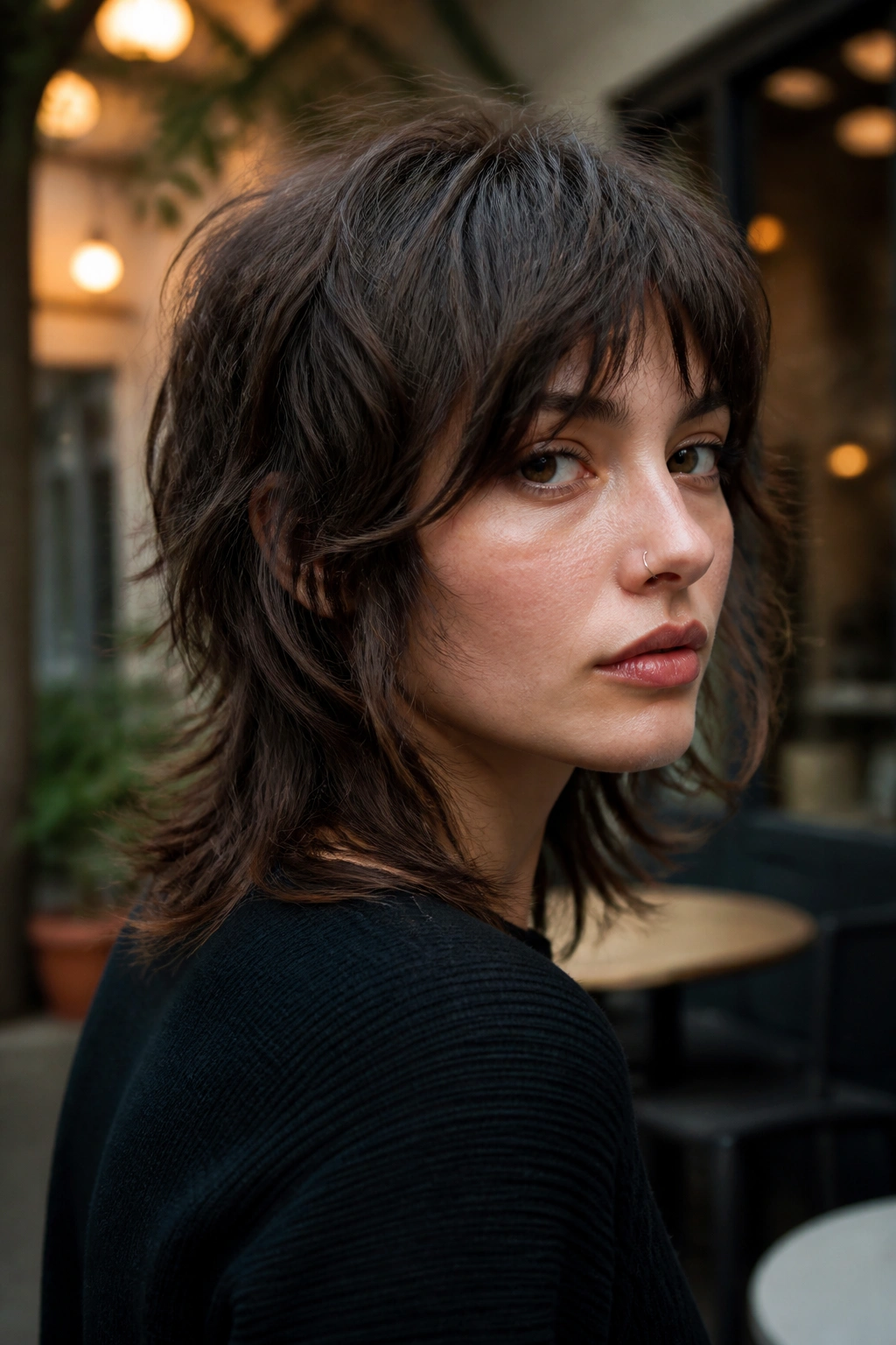 Close-up of a real person with a disconnected wolf cut showing distinct layer separation