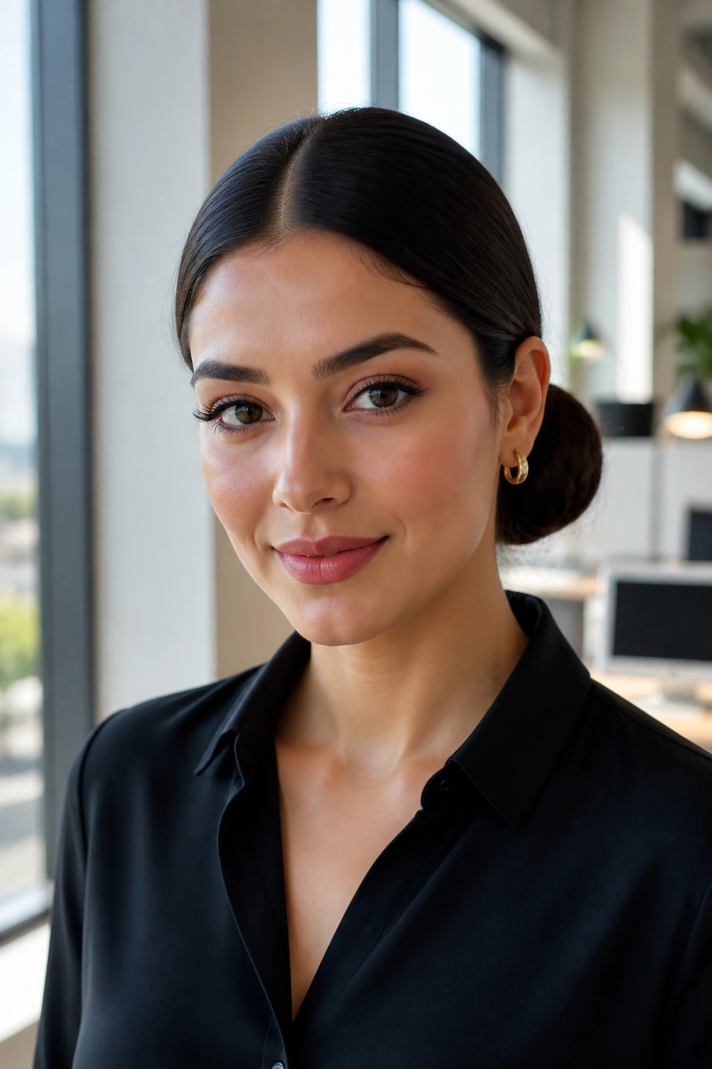 Close-up of a real woman with a sleek day-into-night donut bun in a daylight office