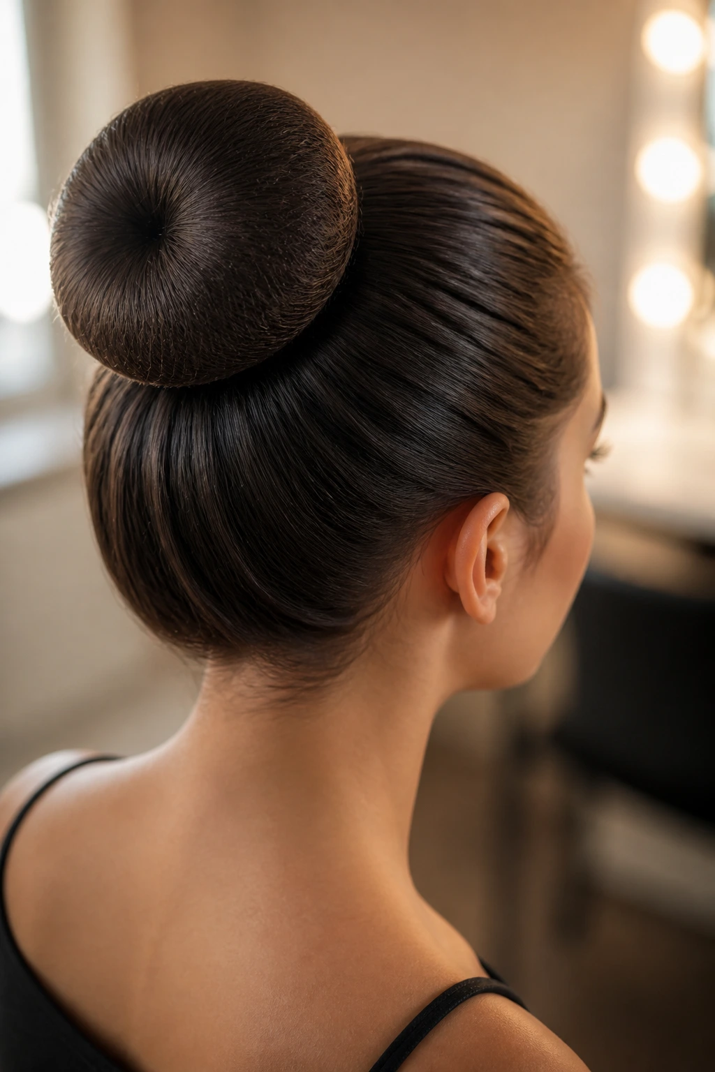 Close-up of a real woman wearing a hair-net finish donut bun in a backstage dressing room