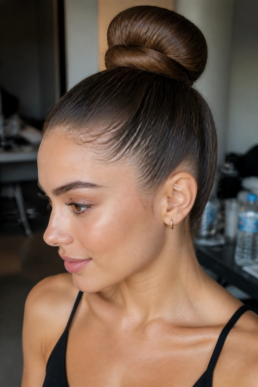 Close-up of a real person with a high crown donut bun