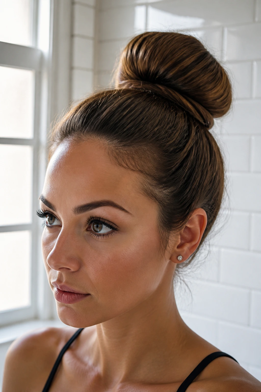 Close-up of a real woman with a high-volume donut bun