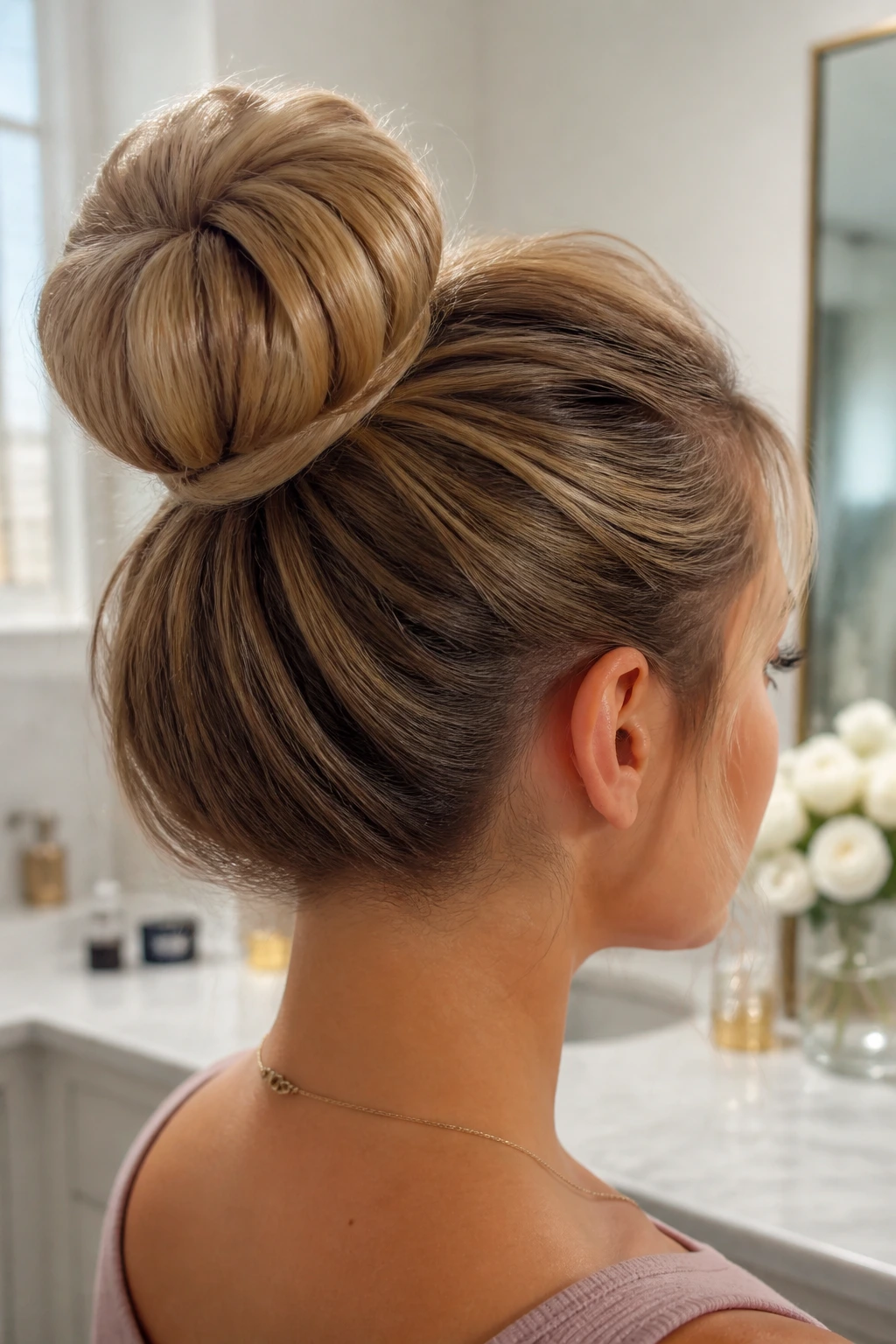 Close-up of a real woman with a plush donut bun wrapped ends in soft lighting